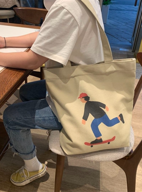 大容量托特包2026上新印花帆布包慵懒风文艺手提单肩包学生上课包