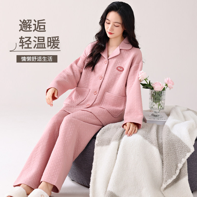 芬腾可安睡衣女士秋冬款纯棉夹棉长袖套装薄夹层空气棉大码家居服