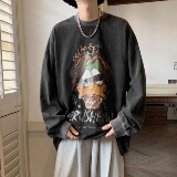 XZ517A-6CT001P58秋冬水洗做旧宽松休闲涂鸦长T，男装T恤，星座517A-6