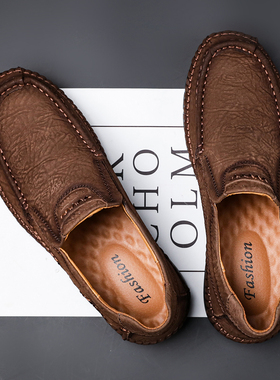 西域 骆驼男鞋 秋冬季头层牛皮透气防臭休闲皮鞋男士一脚蹬爸爸鞋