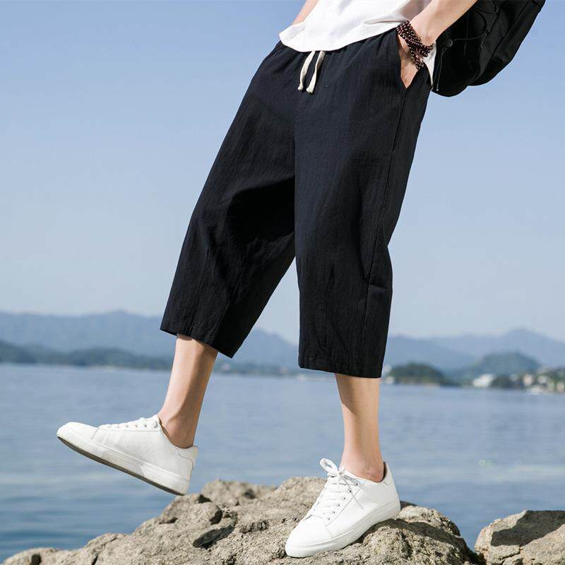 夏季休闲裤男中国风棉麻百搭宽松裤子韩版潮流大码男士七分裤