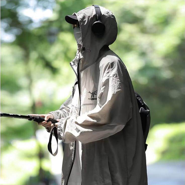 夏季超薄凉感连帽冲锋衣长袖外套冰丝美式潮牌防紫外线户外防晒衫