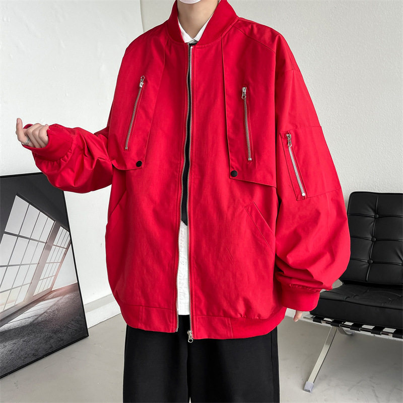 欧美vibe风酒红色飞行员夹克男夏季hiphop美式潮牌棒球服宽松上衣
