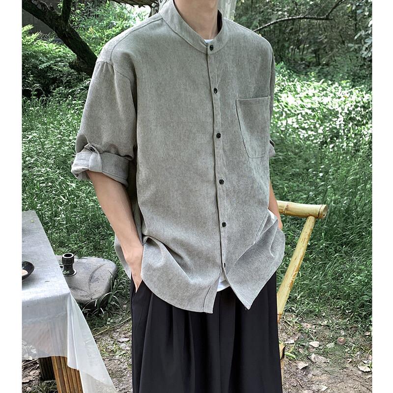 男士春夏款中袖灯芯绒衬衫复古简约韩版潮流衬衣帅气休闲衬衫外套