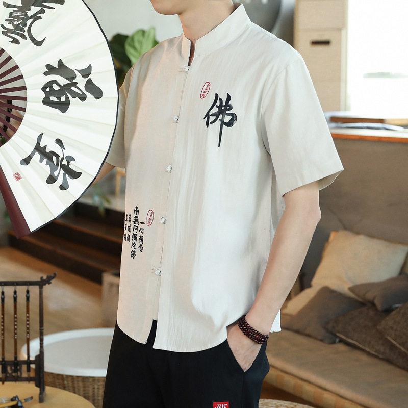 短袖纯棉仿麻印花衬衫男夏季中国风棉麻立领盘扣新中式复古唐装