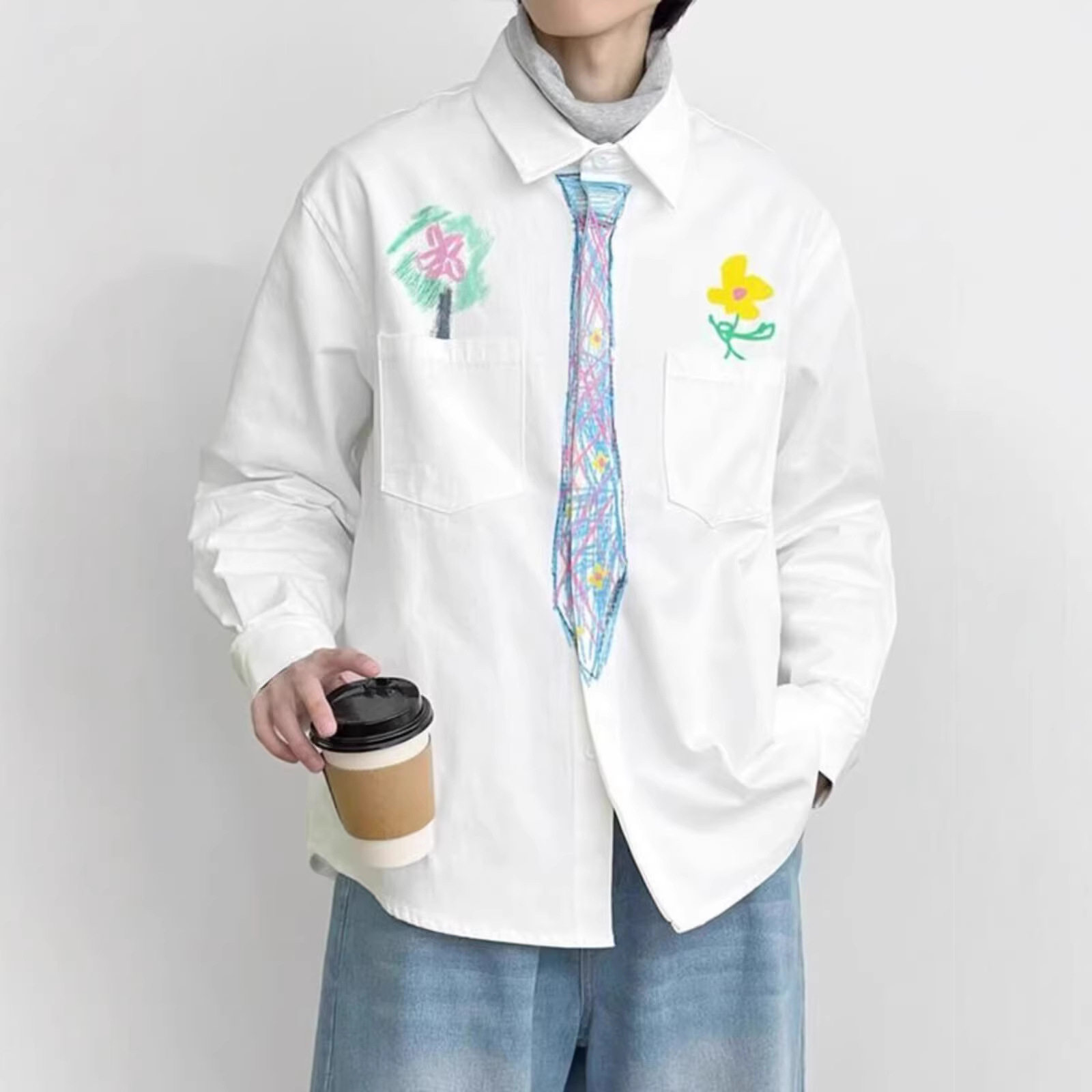 日系学院风不众涂鸦领带长袖衬衫男女2026春夏新款设计感正肩衬衣
