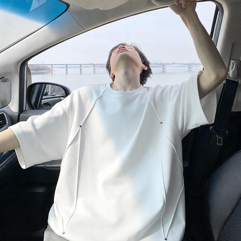 纯色设计感圆领短袖男女款夏季宽松时尚简约解构拼接休闲百搭T恤