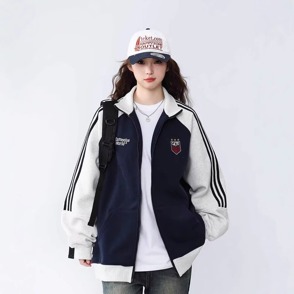 美式复古撞色拼接卫衣女春秋2024新款宽松休闲运动棒球服外套上衣