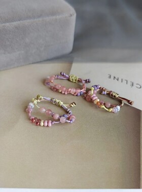 小众设计花生珠玻璃米珠粉太阳双层叠戴戒指花色戒指指环可调节