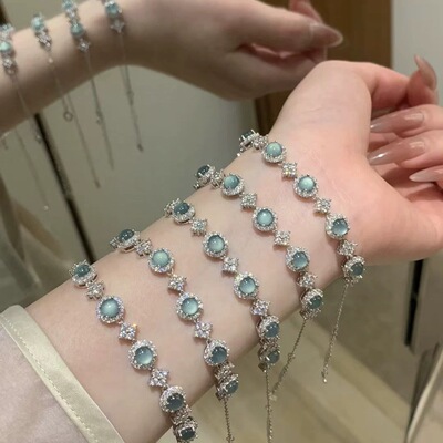 s925银天然蓝水翡翠手链小清新精致设计款高级感气质百搭