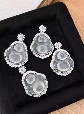 冰种玉髓佛吊坠女中版豪华镶嵌白玛瑙大肚佛项链本命年挂坠弥勒佛