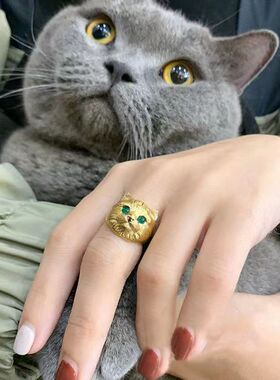 毛豆儿戒指指环招财猫肥家润镀18k祖母绿拉丝工艺精致戒指指环