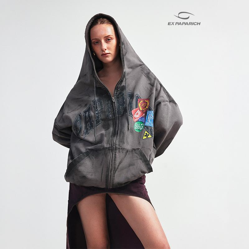 复古开衫连帽卫衣拉链