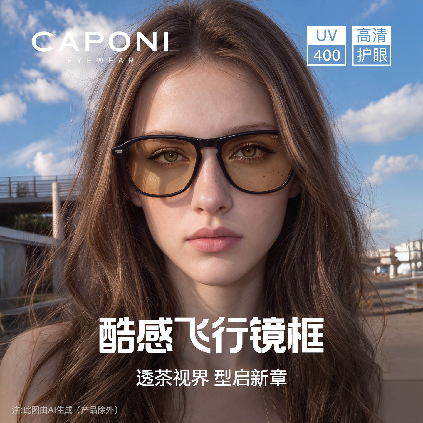 CAPONI复古飞行员墨镜女26新款方圆脸茶色太阳眼镜UV400防紫外线