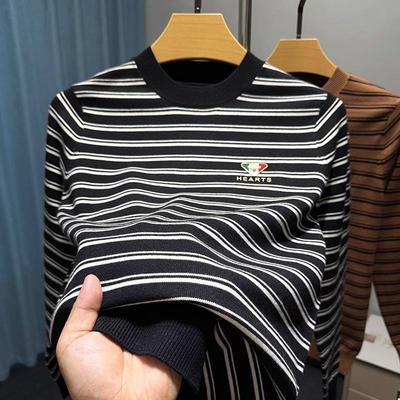 品牌薄款针织衫毛衣男圆领春秋季条纹打底衫t恤男长袖潮内搭上衣