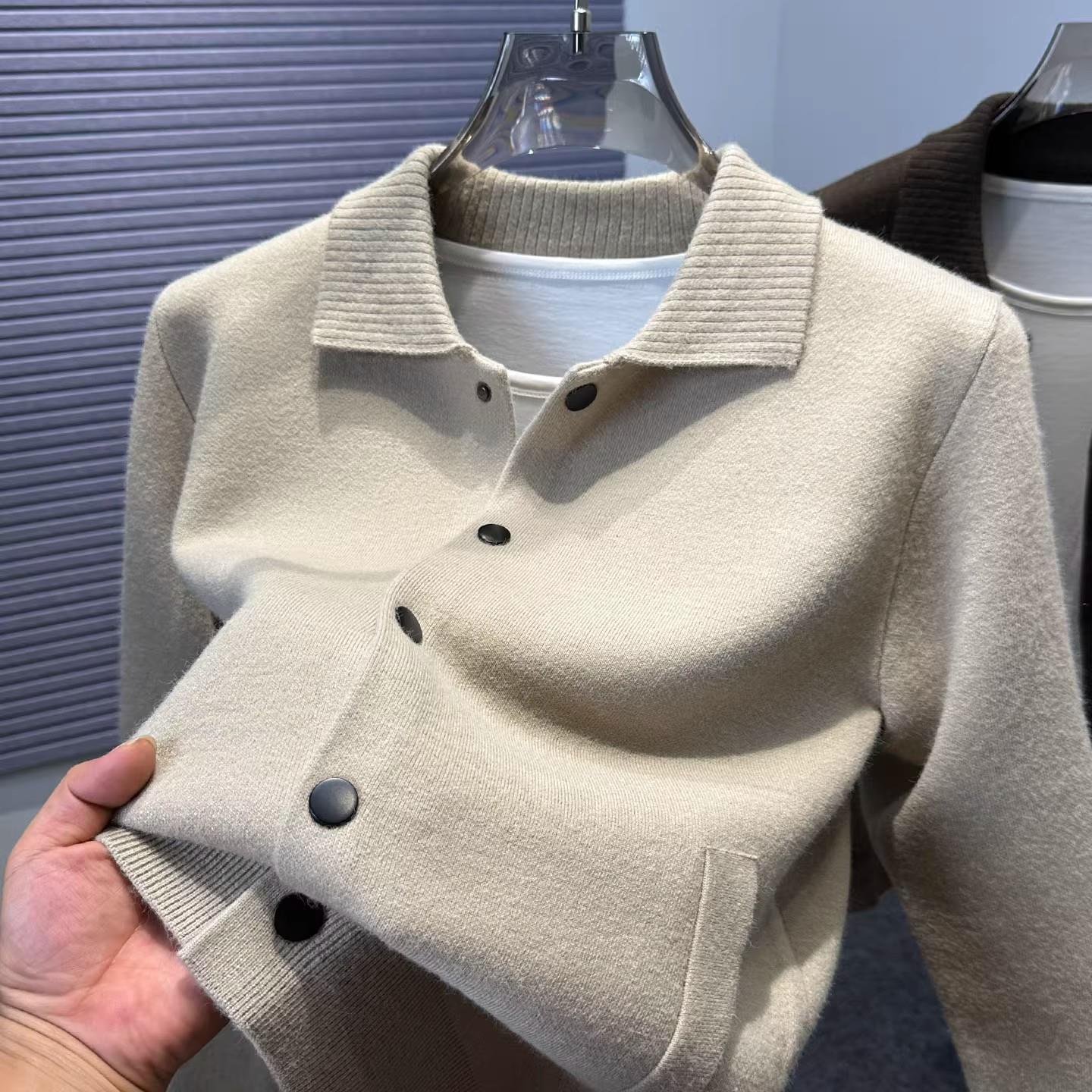 高品质翻领开衫男针织衫秋冬款男装休闲外穿纯色毛衣外套厚夹克潮