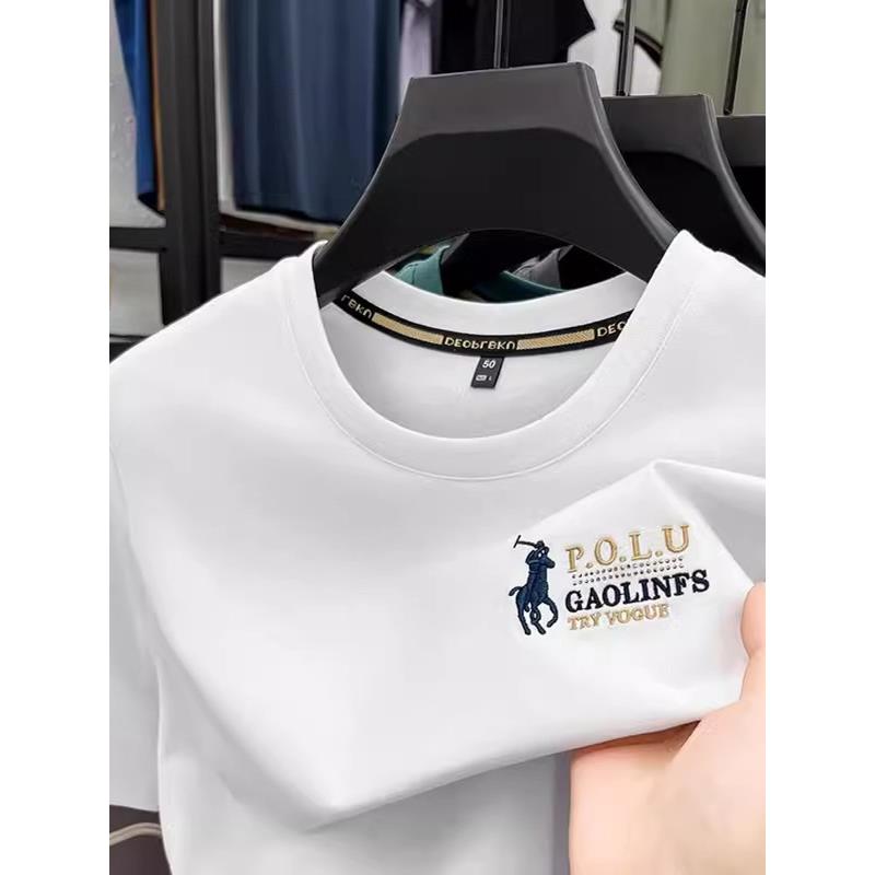 精梳丝光棉夏季薄款刺绣圆领短袖T恤男士保罗无领运动体恤衫潮流