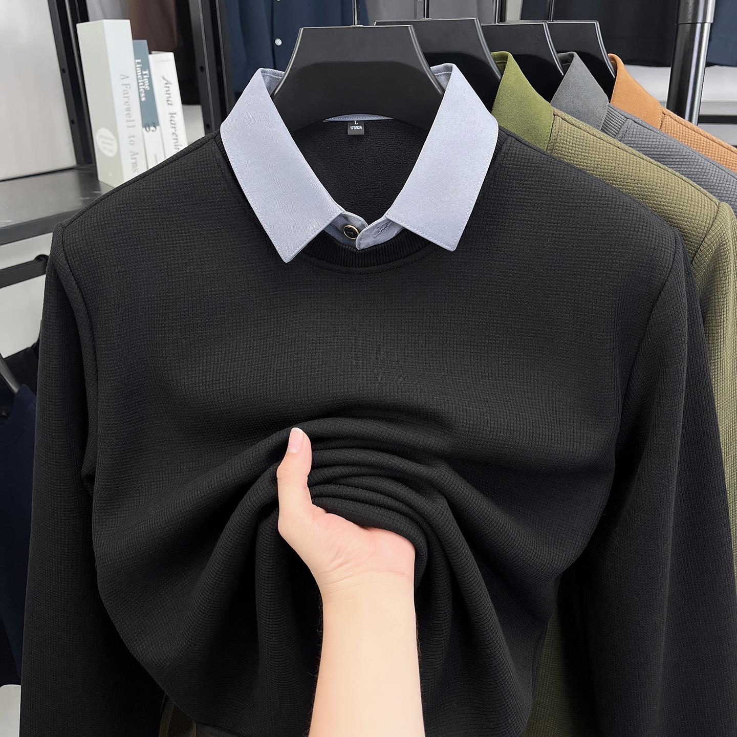 假两件衬衫领毛衣男加绒加厚秋冬季高档针织线衣打底衫保暖中年