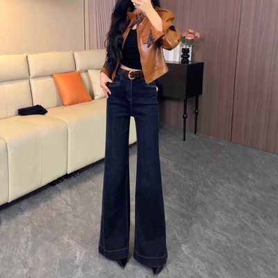 深蓝色高腰阔腿微喇牛仔裤女2025年秋季新款复古不贴腿喇叭拖地裤