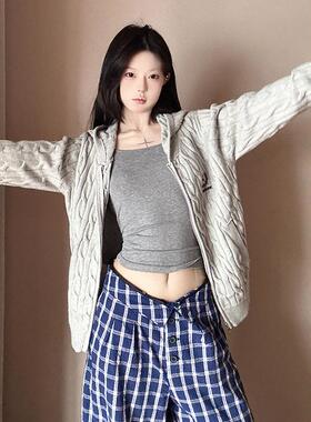 LKSTORE LKOD2024秋冬新款毛衣开衫刺绣女短帽衫外套外搭保暖美式