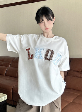 LKSTORE LKOD2024夏季新款多色字母格子碎花贴布潮牌短袖情侣T恤