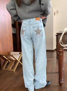 LK STORE LKOD 新款水洗贴布五角星豹纹蓝色休闲裤宽松美式牛仔裤