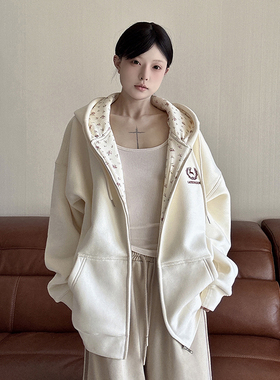 LK STORE LKOD2024碎花连帽卫衣情侣男女刺绣字母外套潮帽衫拼接