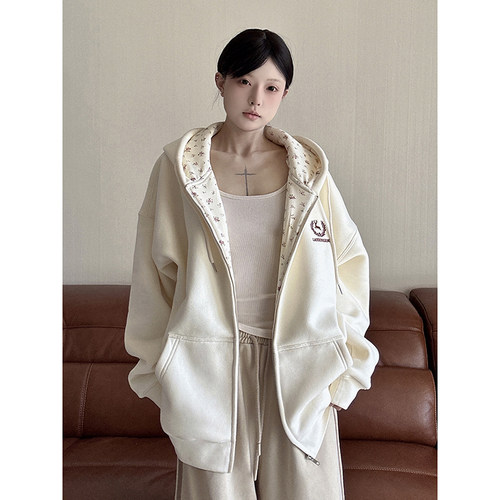 LKOD碎花拼接情侣拉链帽衫