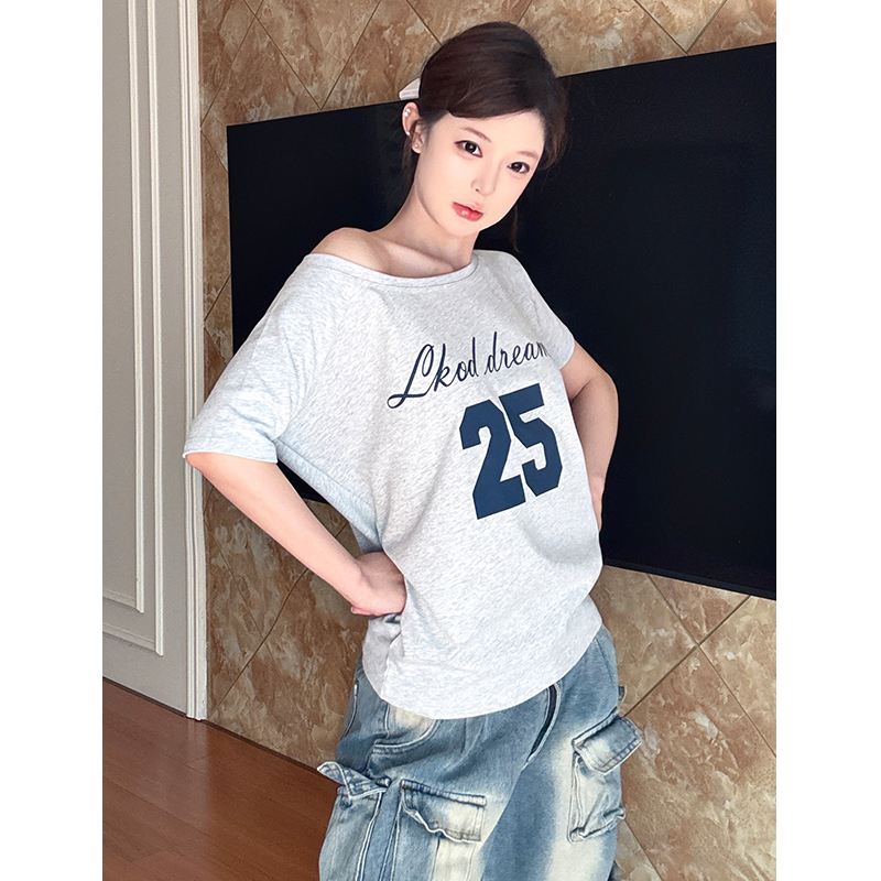 斜肩字母印花潮牌灰色T恤短袖