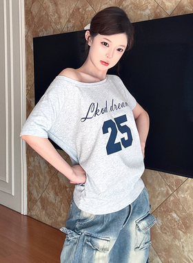 LK STORE LKOD2025夏季新款斜肩字母印花潮牌灰色T恤短袖打底宽松