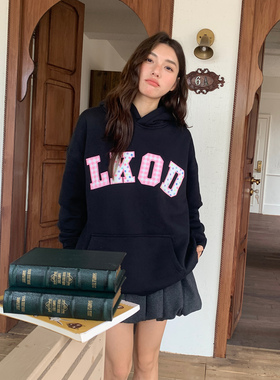LK STORE LKOD秋季新款连帽短绒波点格子字母卫衣男女情侣款帽衫