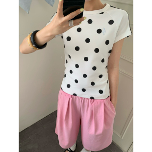 LKSTORE LKOD夏季女装波点印花拼接音符刺绣短袖辣妹体恤打底衫