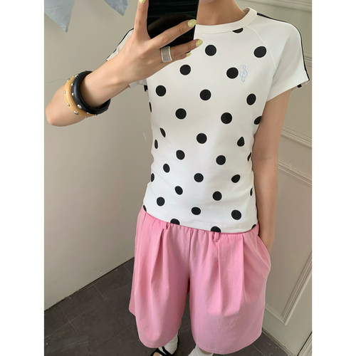 LKSTORE LKOD夏季女装波点印花拼接音符刺绣短袖辣妹体恤打底衫