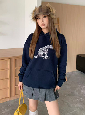 LK STORE LKOD秋冬豹子印花草写字母连帽卫衣情侣男女帽衫加绒