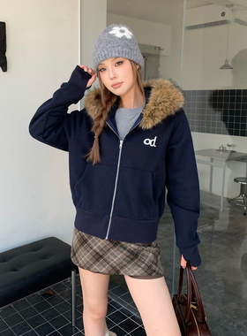 LK STORE LKOD2025秋冬新款od波点毛领连帽卫衣潮牌款女短款外套