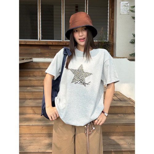 夏季美式豹纹刺绣宽松情侣T恤