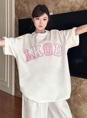 LK STORE LKOD2025夏季新款波点贴布格子字母潮牌女短袖T恤宽松