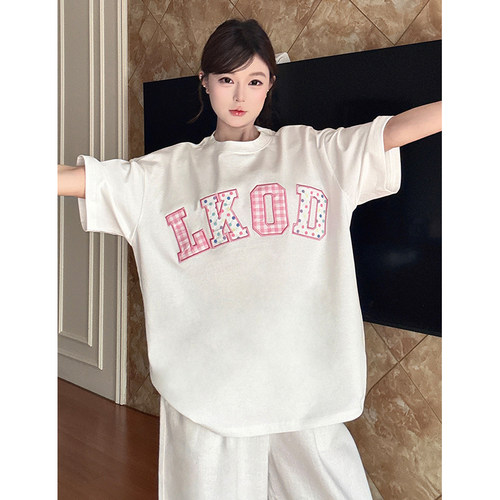 LK STORE LKOD2025夏季新款波点贴布格子字母潮牌女短袖T恤宽松
