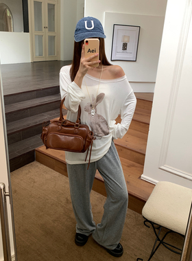 LK STORE LKOD2025秋季新款露肩T恤打底衫罩衫兔子印花宽松女长袖