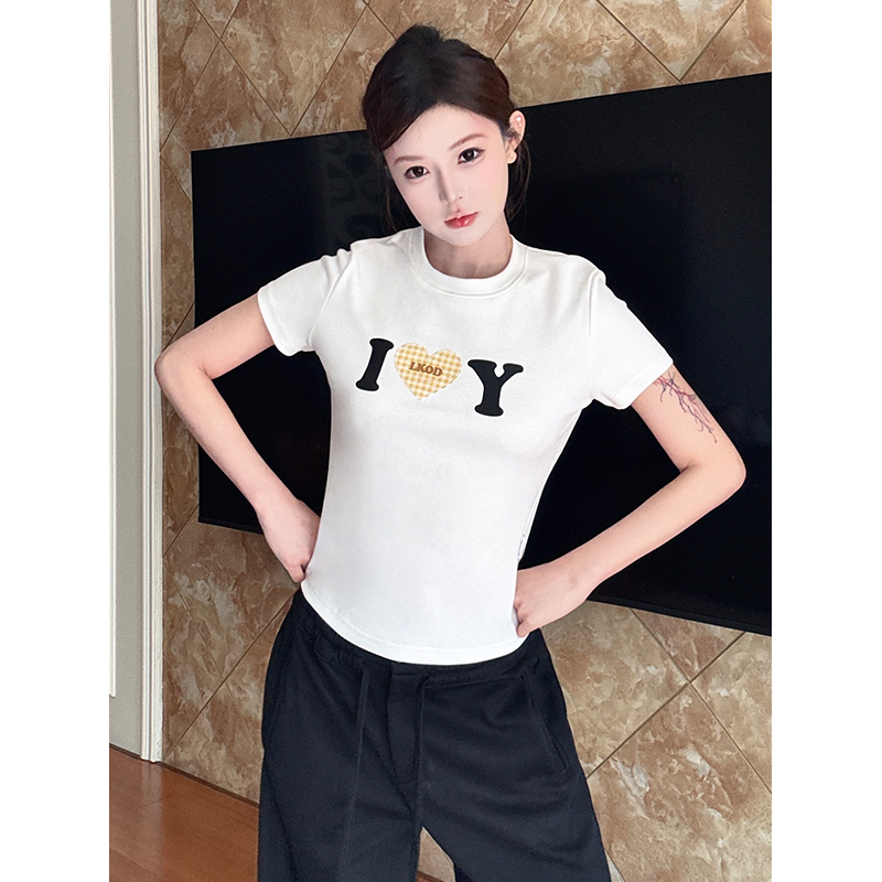 夏日潮牌格子爱心标语紧身短袖