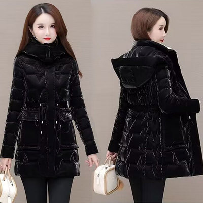 珠光免洗亮面炫彩棉服中长款