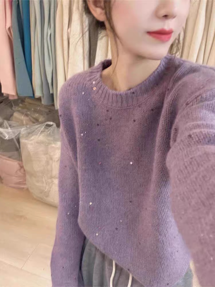 温柔风软糯紫色亮片浣熊绒毛衣女毛针织衫