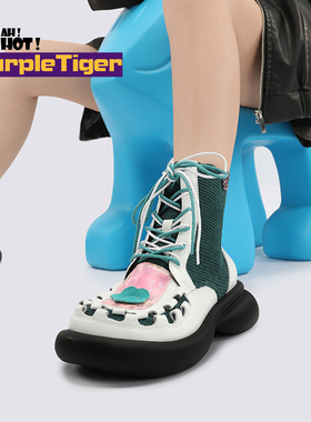 Yeah Hot原创新品丑萌百搭中筒靴厚底马丁靴设计感系带拼色短靴