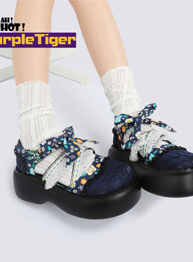 Yeah Hot2024新款原创设计拼色小众碎花蕾丝大头厚底田园玛丽珍鞋