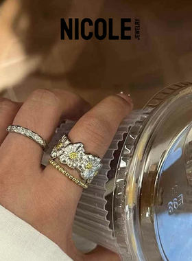 S925纯银布契拉提手工拉丝男女小雏菊戒指权志龙同款时尚开口戒指