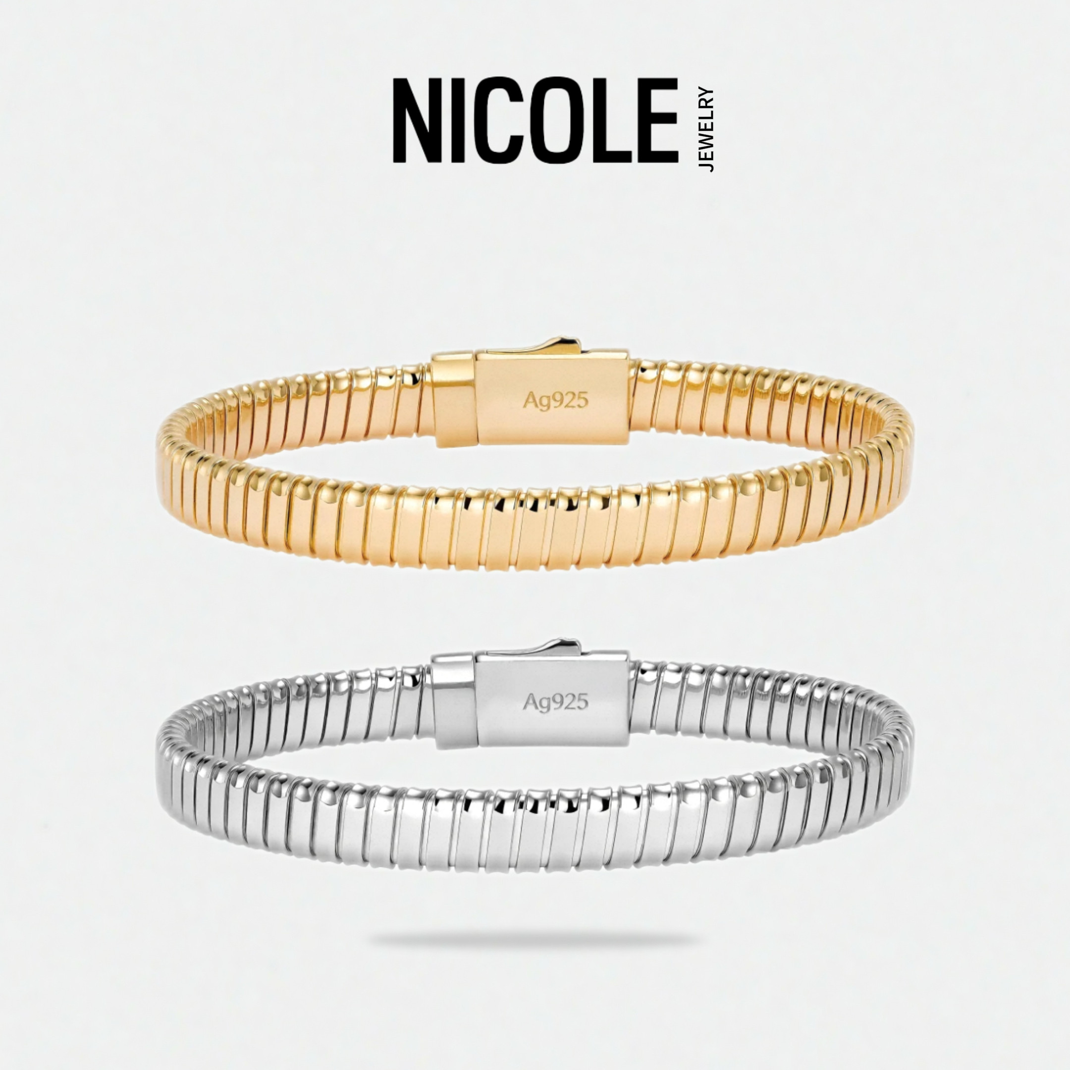 Nicole Jewelry 意大利煤气管竖纹弹力手镯简约气质手链轻奢重工