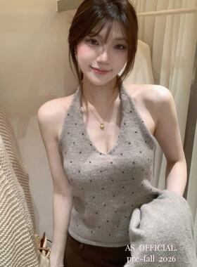 2026秋季韩系挂脖露背波点吊带背心+宽松针织开衫两件套装女