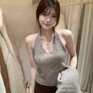 2026秋季韩系挂脖露背波点吊带背心+宽松针织开衫两件套装女