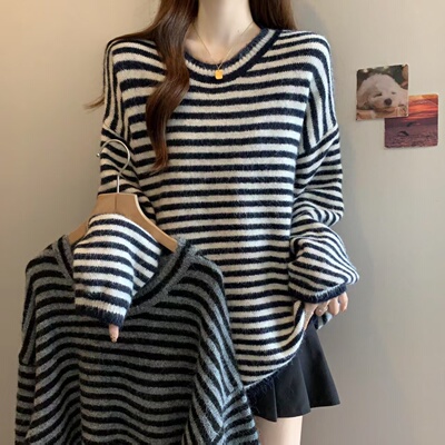 实拍大码慵懒风chic秋冬美式条纹宽松中长款长袖针织衫女6069