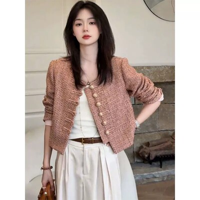 法式小香风粉色短款外套女款早秋季小个子千金风名媛宽松气质上衣